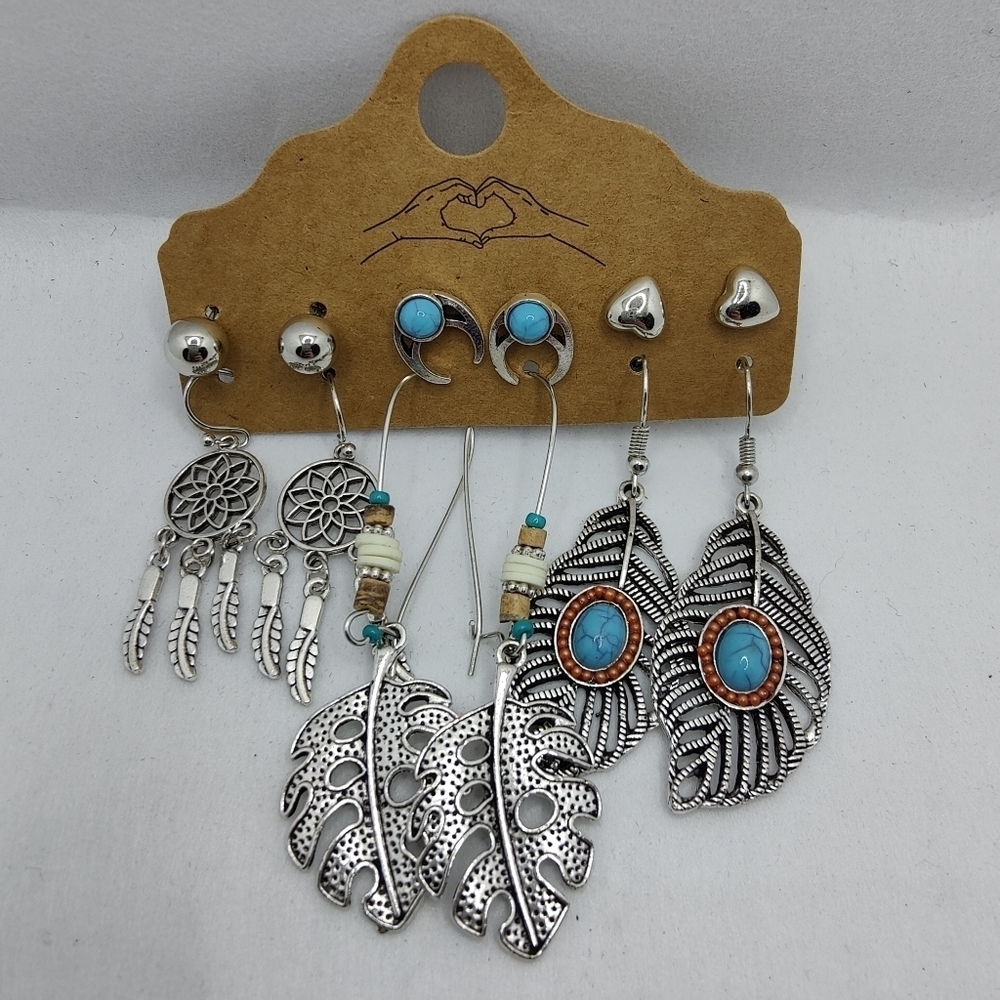NWT Boho 6 Pair Earring Set Dreamcatcher Feather Turquoise - Picture 2 of 3